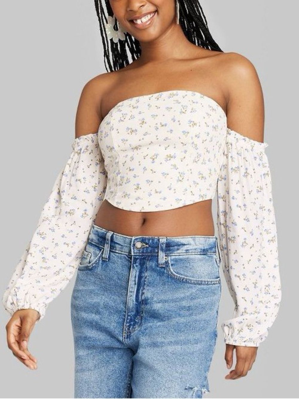 NWT Balloon Long Sleeve Off Shoulder Top Disty Floral White Wild Fable Size XS